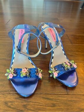 Betsey Johnson Iridescent Blue Floral Crystal Strap Heels
